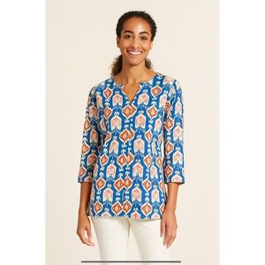 J MCLAUGHLIN TUNIC TOP L CATALINA CLOTH SPLIT NECK BOHEMIAN CASUAL CHIC TRAVEL